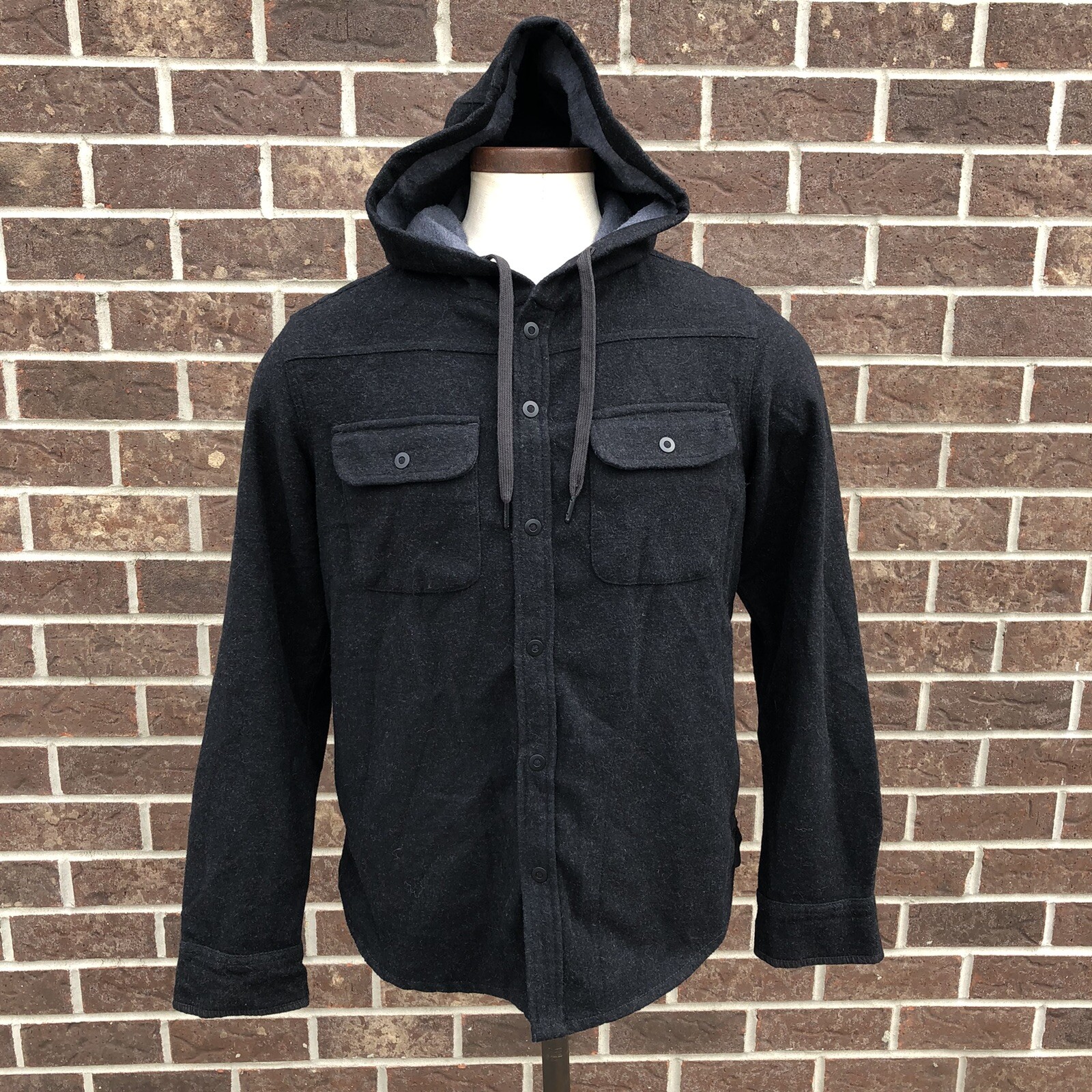 prAna Black BOLSTER HOODED FLANNEL JACKET, Full Snap Wool Blend Men’s Small S gallery