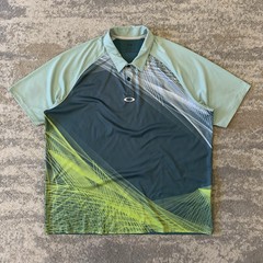 Oakley Mens Performance Polo Shirt Teal Green Geometric Pattern XXL Golf Summer