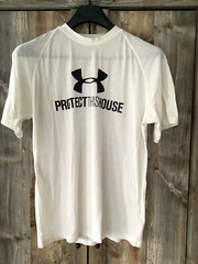 Mens Vintage UNDER ARMOUR *Protect this House* High Crew White Stretch Tee L