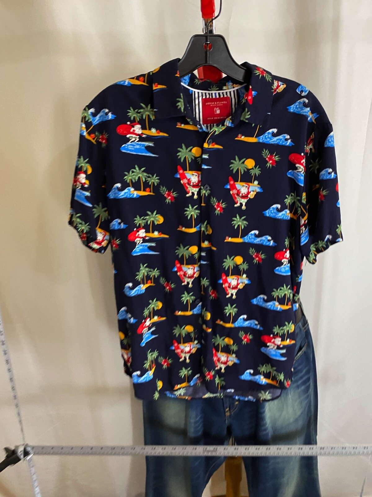 Denim Flower Ricky Singh Santa Claus Surfing BUTTON UP SHIRT Marked M Fits Small gallery