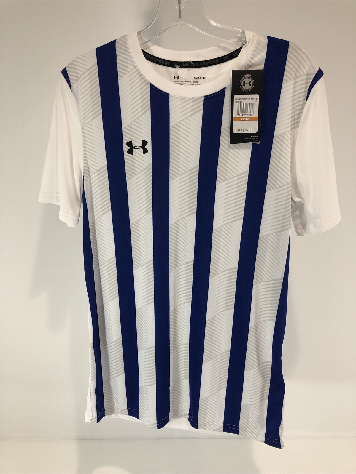 Under Armour Mens Striped Soccer Jersey Size Small Blu/Wht/Gry NWT gallery