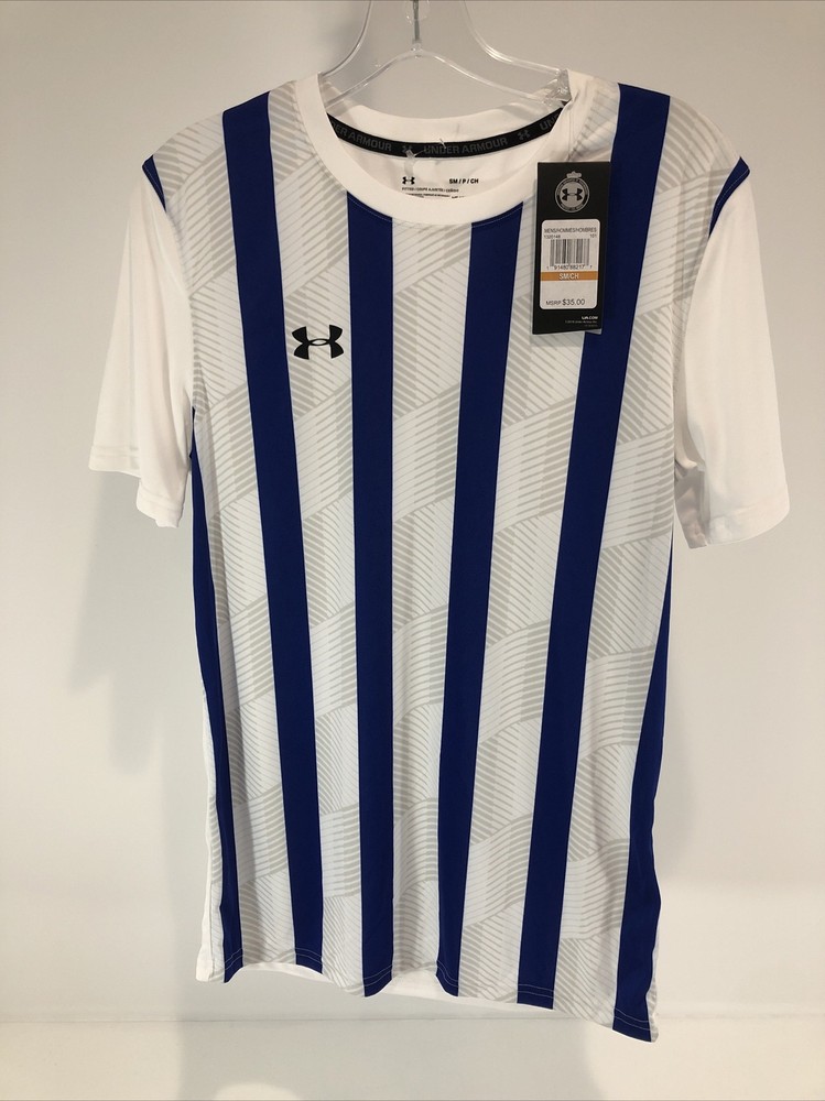 Under Armour Mens Striped Soccer Jersey Size Small Blu/Wht/Gry NWT