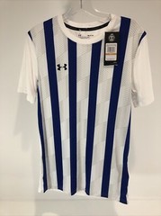 Under Armour Mens Striped Soccer Jersey Size Small Blu/Wht/Gry NWT