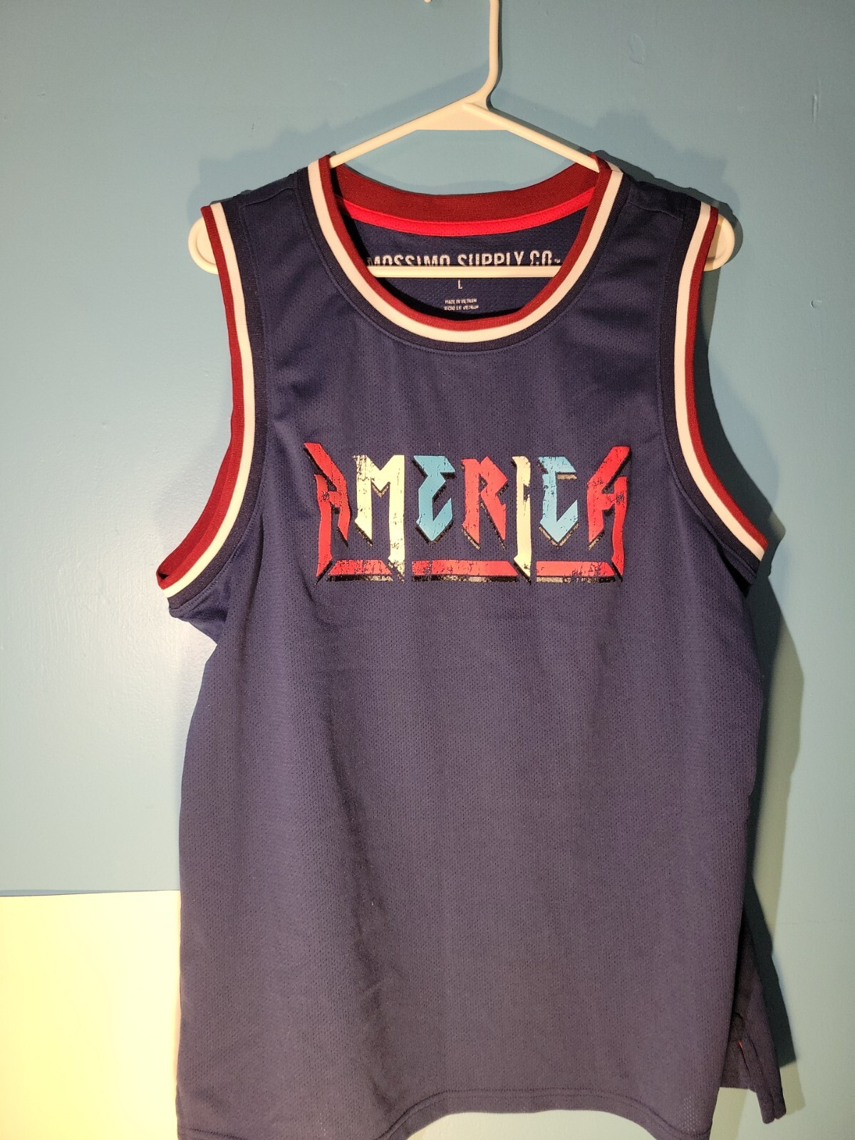 Mossimo Supply Mens Red White & Blue AMERICA Basketball Jersey Size L gallery