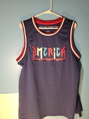 Mossimo Supply Mens Red White & Blue AMERICA Basketball Jersey Size L