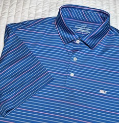 Vineyard Vines Mens Large Blue Pink Striped Performance Stretch Whale Polo Shirt
