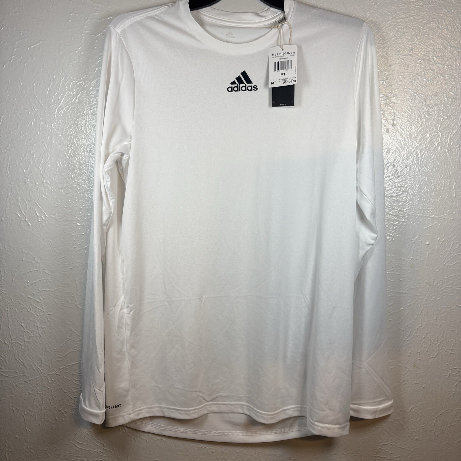 NWT Adidas White Pregame Long Sleeve Shirt HS9216 Men’s Size Medium Tall gallery