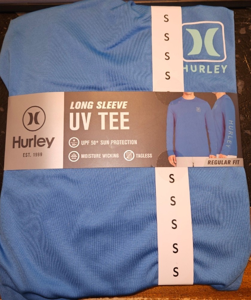 New Hurley Men's Long Sleeve UV Tee Size Small 36-38 UPF 50+ Sun Protection Blue