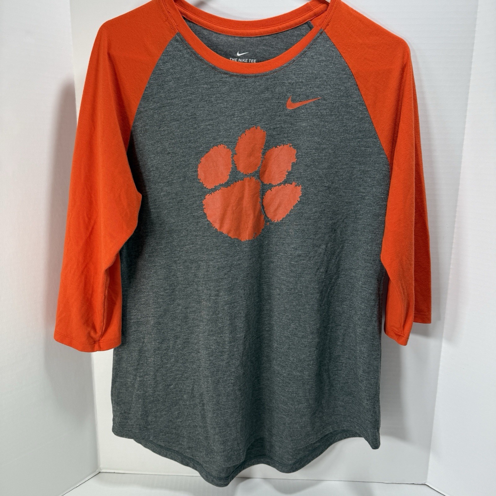 Clemson Nike Tee Dri-Fit Large Orange And Gray With Tiger Paw Print 3/4 Sleeve gallery