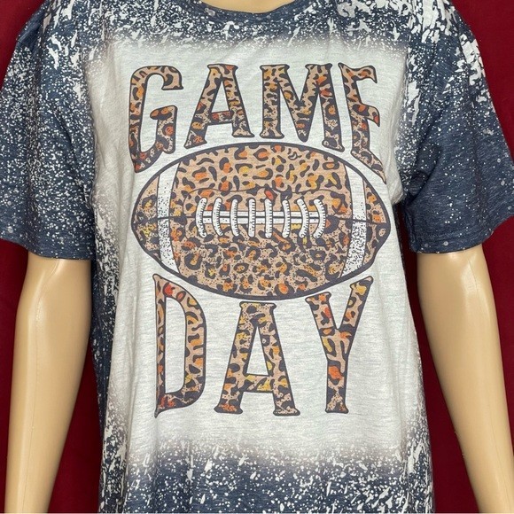 Custom Bleach Dyed "Game Day" Leopard Football Print T-Shirt Large gallery