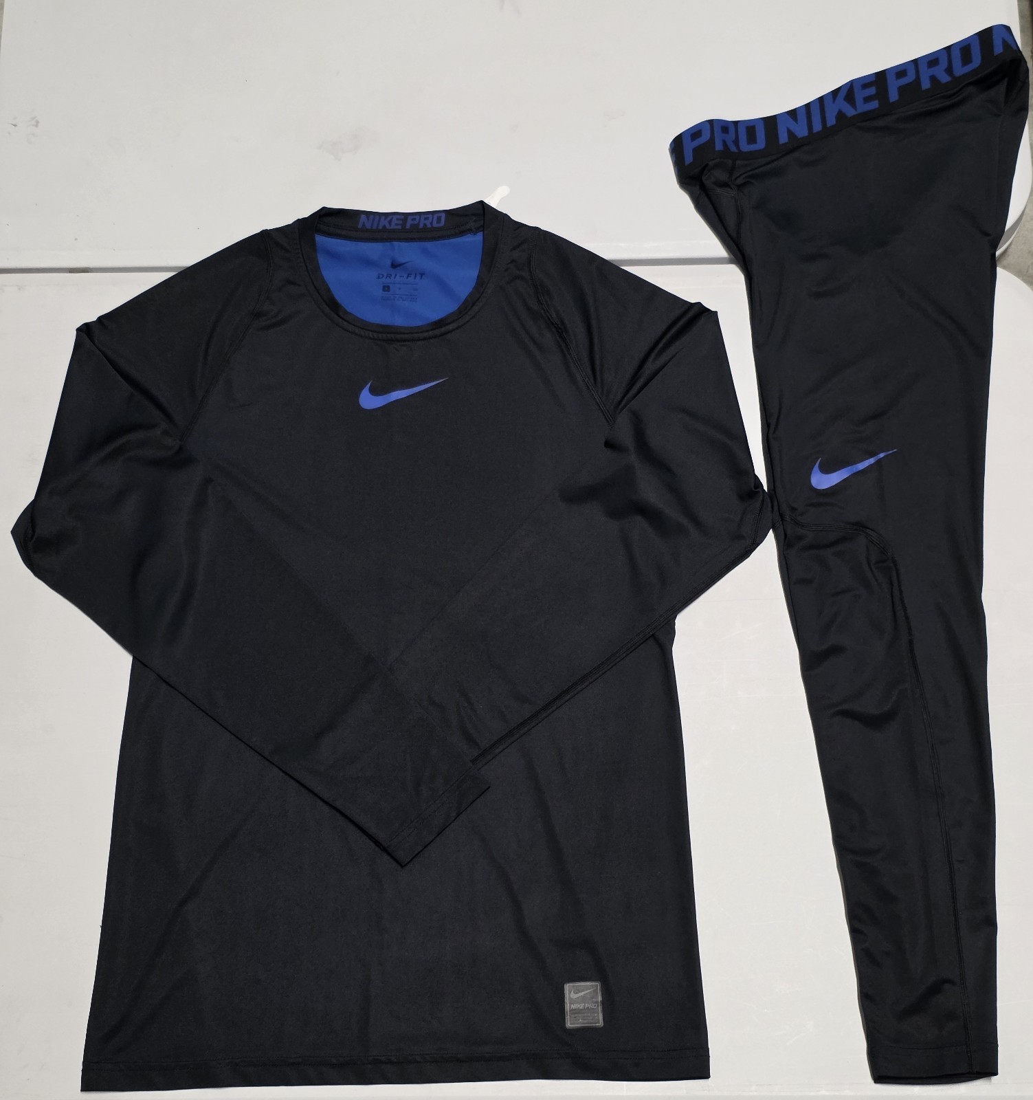 Nike Pro Dri-FIT Compression Long Sleeve Shirt Pants Set Black Blue Men's S gallery