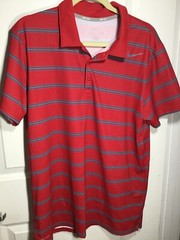 Mens Red and Gray Striped NIKE TENNIS DRI FIT Training Tennis Polo Shirt L EUC