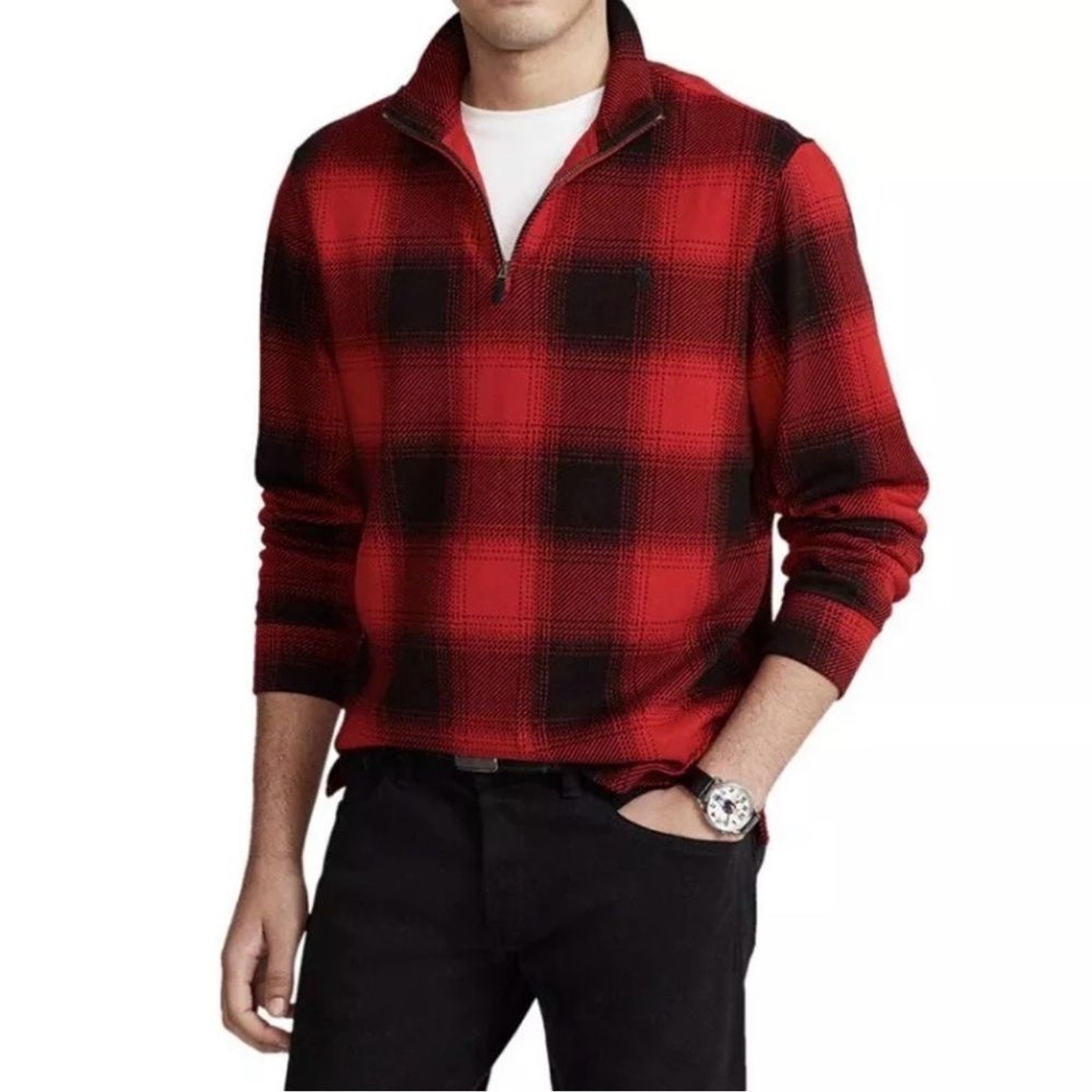 POLO Ralph Lauren Checked Buffalo Plaid Estate Rib Pullover 1/4 zip Sz S EUC gallery