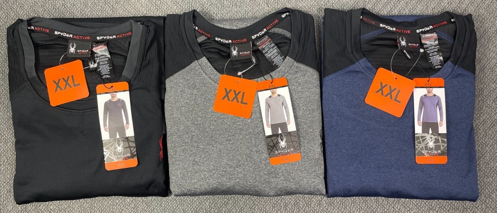 Spyder Active Men's XXL Lot of 3 Long Sleeve Shirts in Black, Gray & Blue NWT