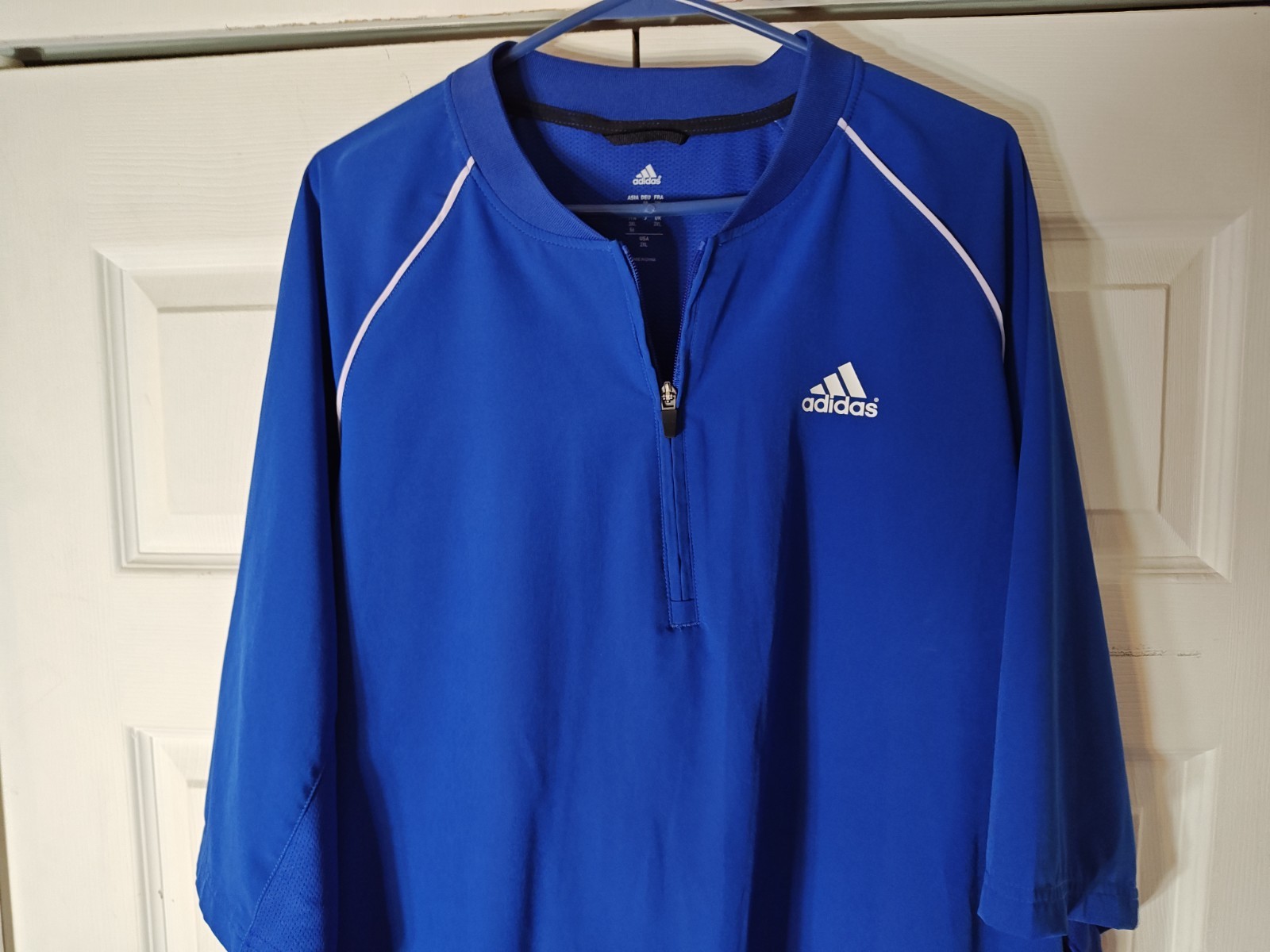 adidas Mens 3XL Blue/White 1/4 Zip Mock Neck Short Sleeve Pullover Logo gallery