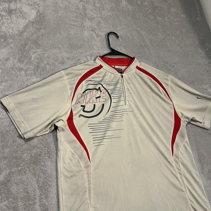 Nike Shirt Mens XL Beige Red Swoosh Performance Polo Athletic Quarter Zip VTG gallery