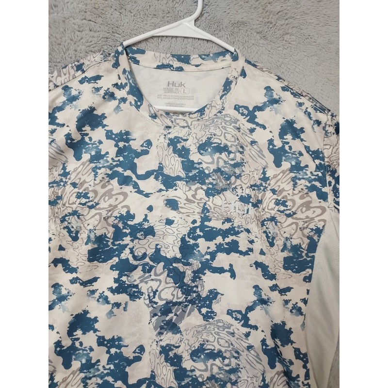 Huk Shirt Mens Large Fishing Performance Camo Long Sleeve White Blue WORN SPTOS gallery