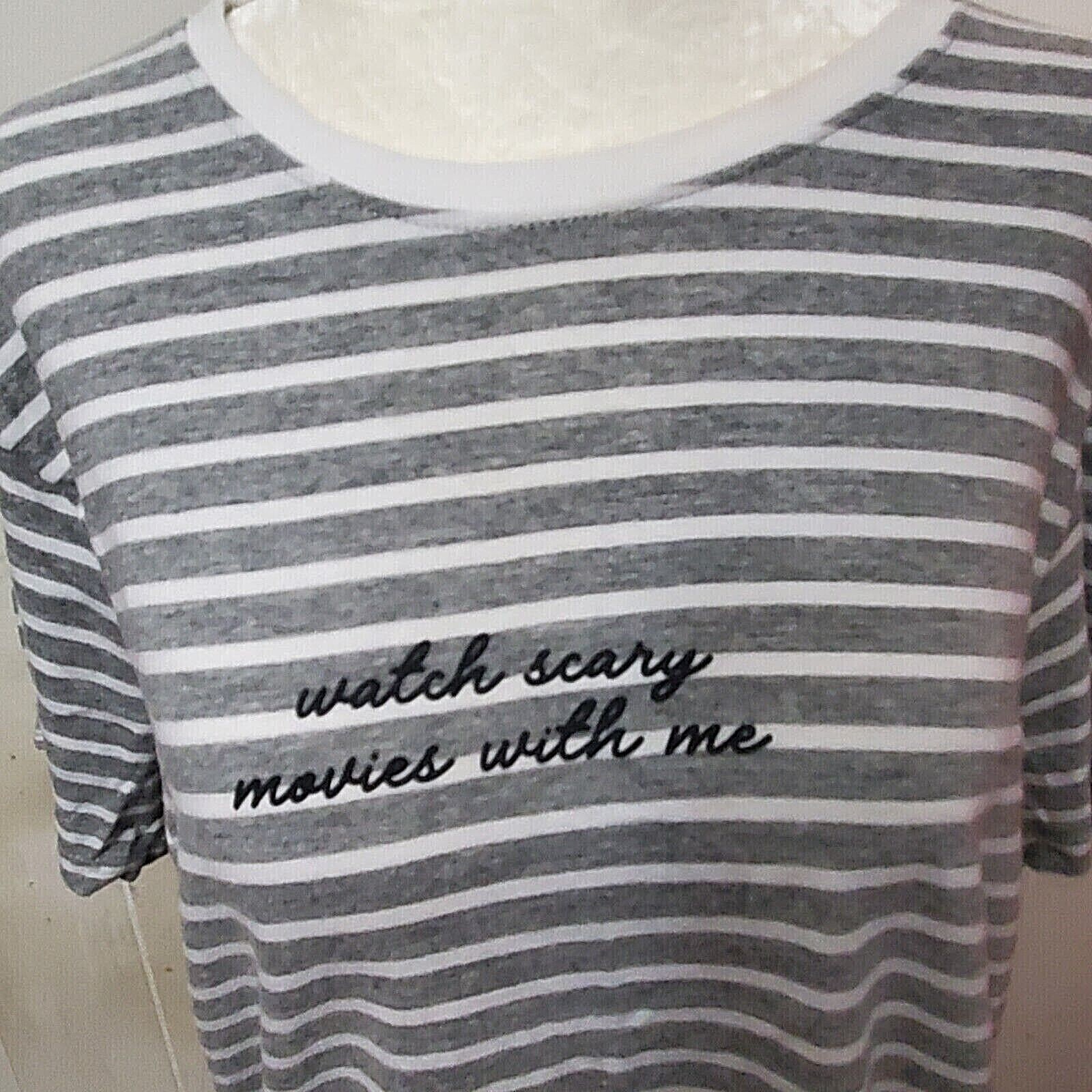 SF Skinnifit Unisex Gray/White Striped Large T-shirt "Watch Scary Movies With Me gallery