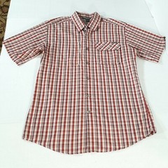 Eddie Bauer SS Plaid Vented Poly Blend Hiking Shirt Pockets Logo Men M Red White