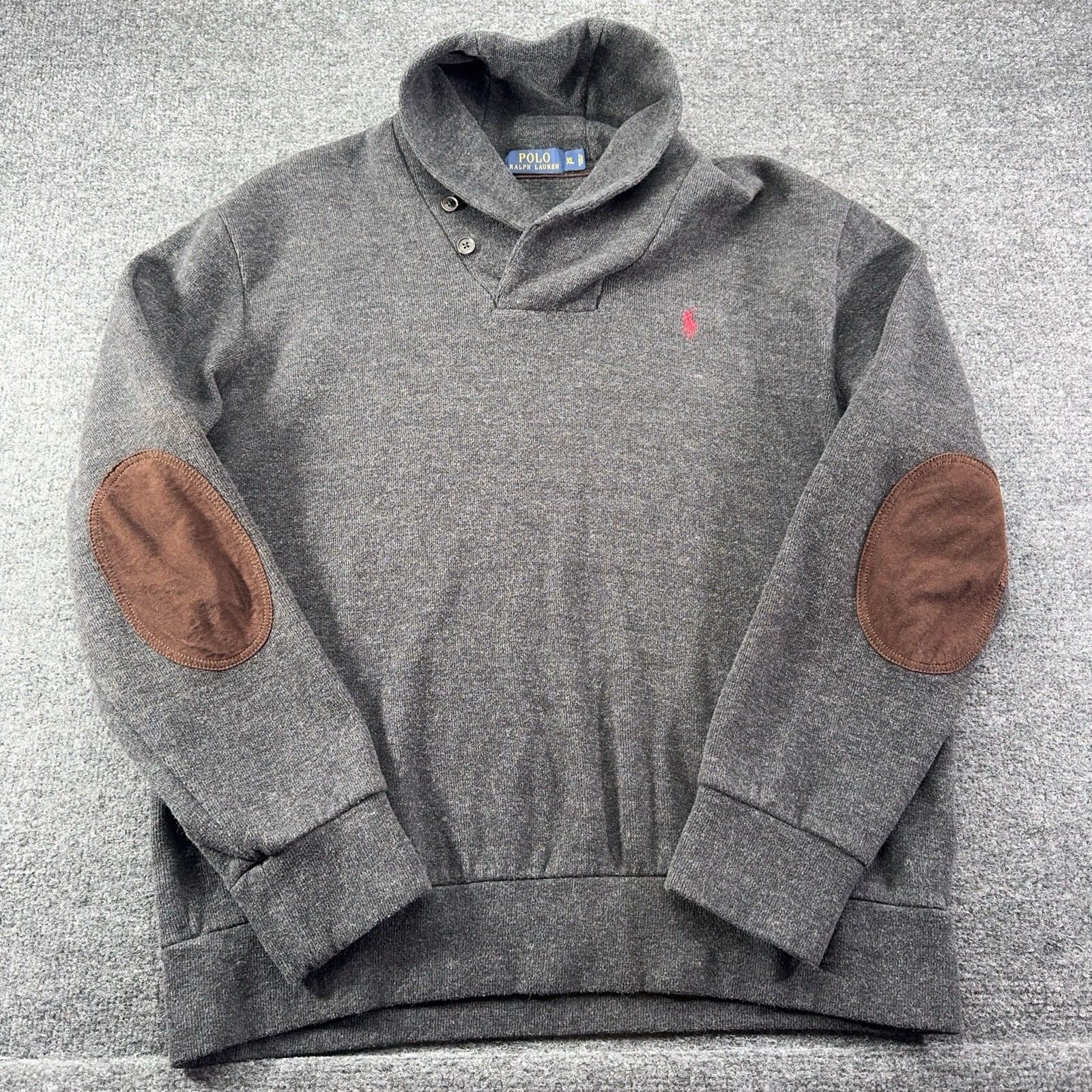Polo Ralph Lauren Shawl Collar Sweater Mens XL Gray Elbow Patch Cotton gallery