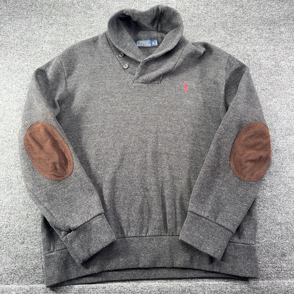 Polo Ralph Lauren Shawl Collar Sweater Mens XL Gray Elbow Patch Cotton