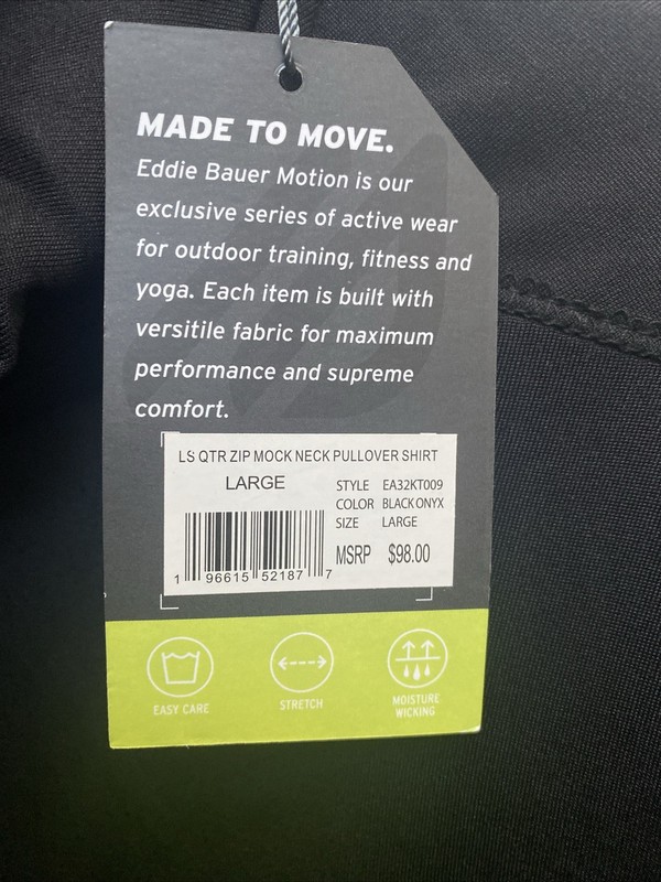 Eddie Bauer Motion Men's Large Black Pullover Long Sleeve 1/4 zip Free Dry NWT gallery