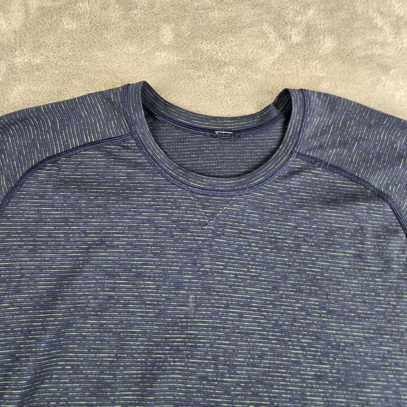 Lululemon Shirt Mens Navy Blue Striped Crew Neck Short Sleeve Tee Activewear gallery