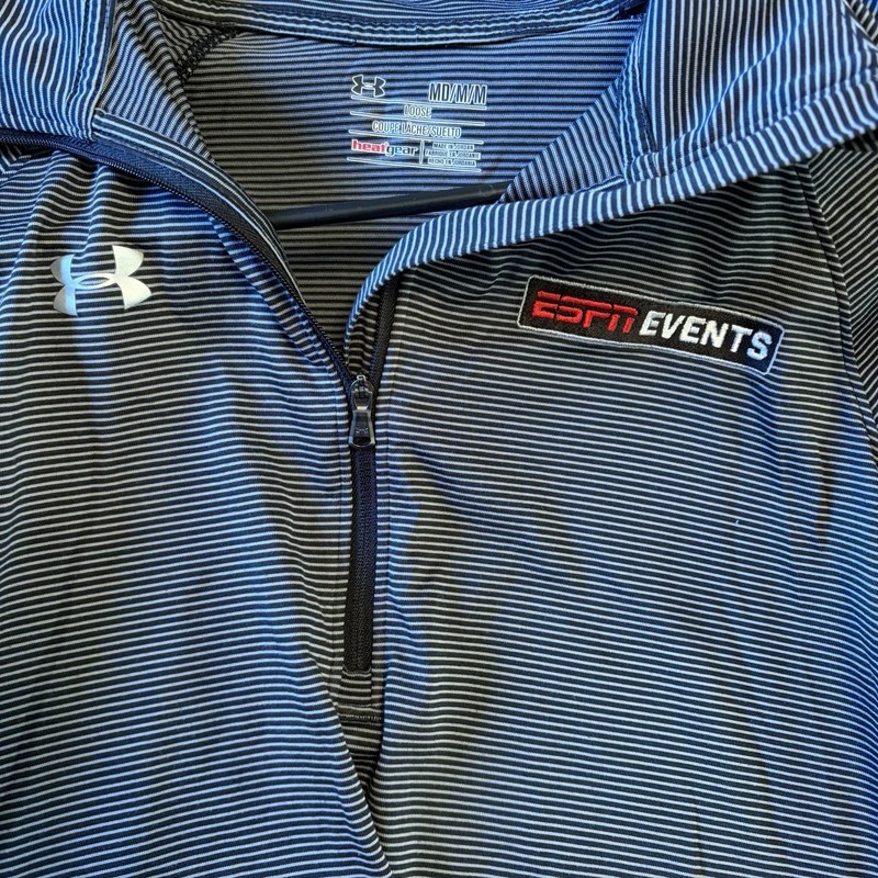ESPN Events Logo Under Armour Black Gray Striped 1/4 Zip Pullover Top Medium gallery