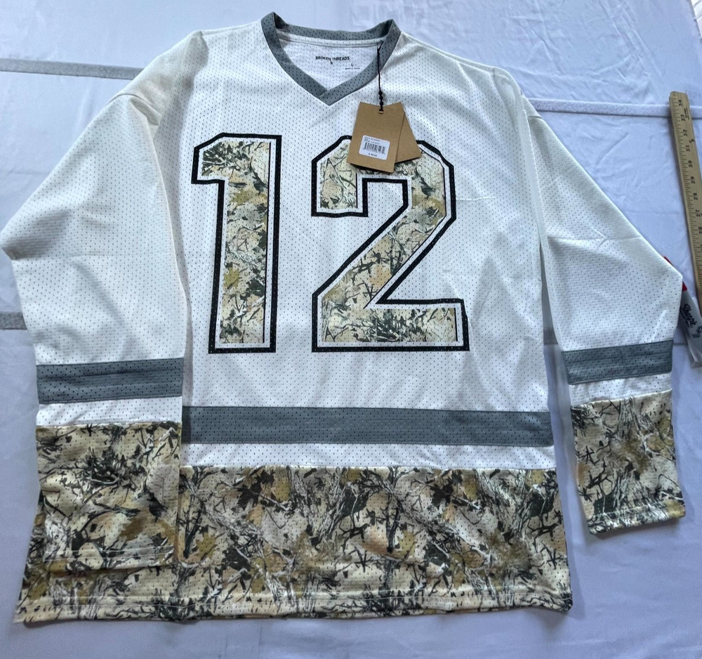 Broken Threads Jersey Mens Large White Camouflage Mesh V Neck Football Athletic