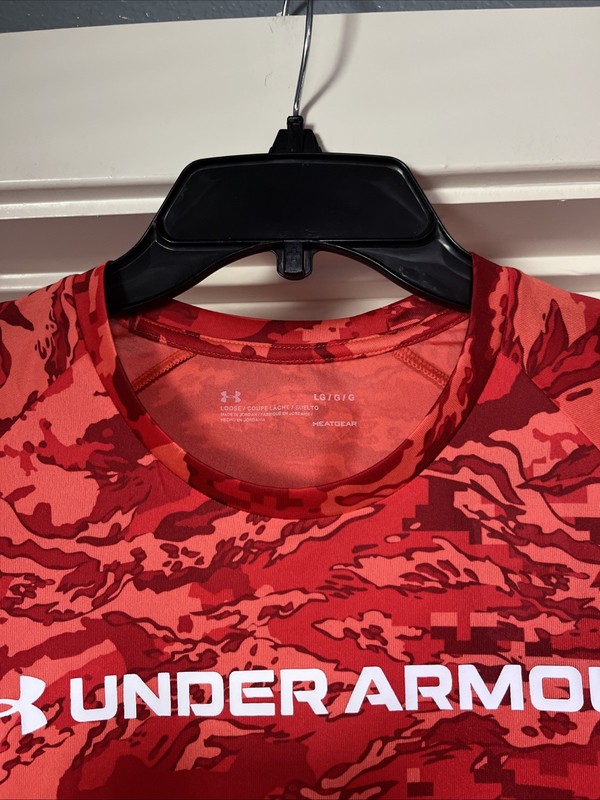 2 Mens Large Under Armour Tech ABC Camo Print Red Blue Shirt Loose Fit 1361698 gallery