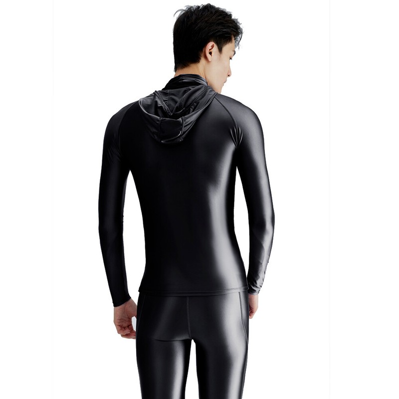 AMORESY Men Shiny Glossy Hooded Sunscreen Top Long Sleeve Fitness Sports T-shirt gallery
