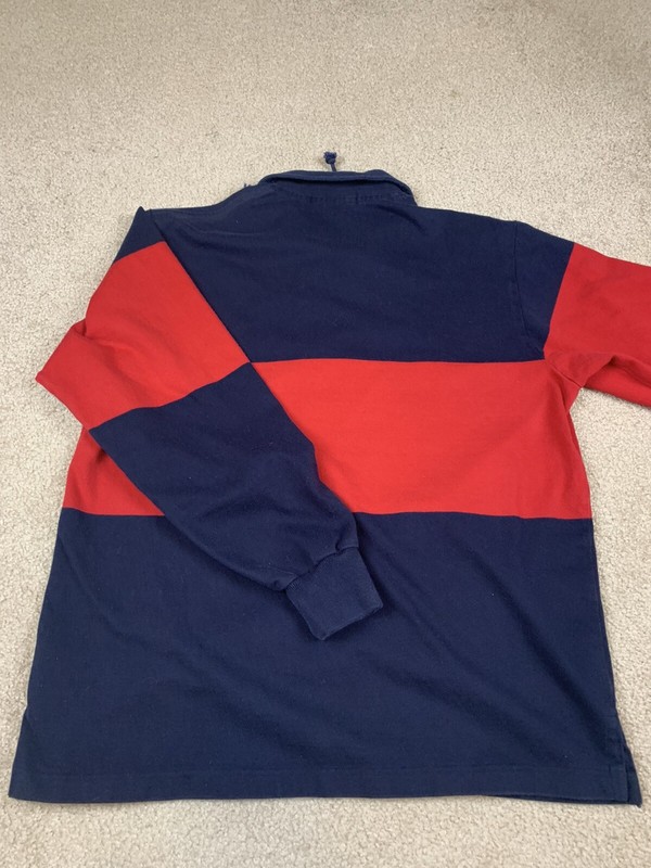 POLO RALPH LAUREN 100% COTTON NAVY BLUE WITH RED STRIPE LACE UP RUGBY SHIRT SZ M gallery