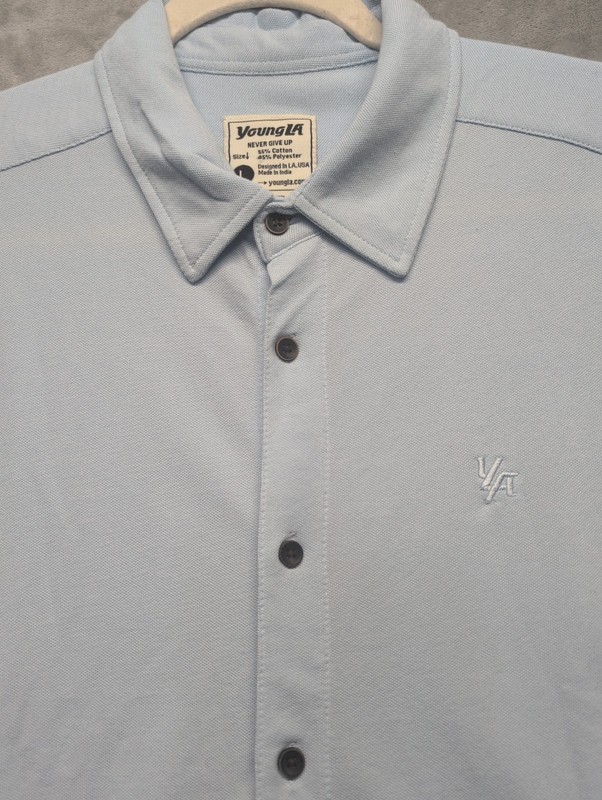YoungLa Activewear Button Down Short Sleeve Slim Shirt Men Size Large Blue gallery