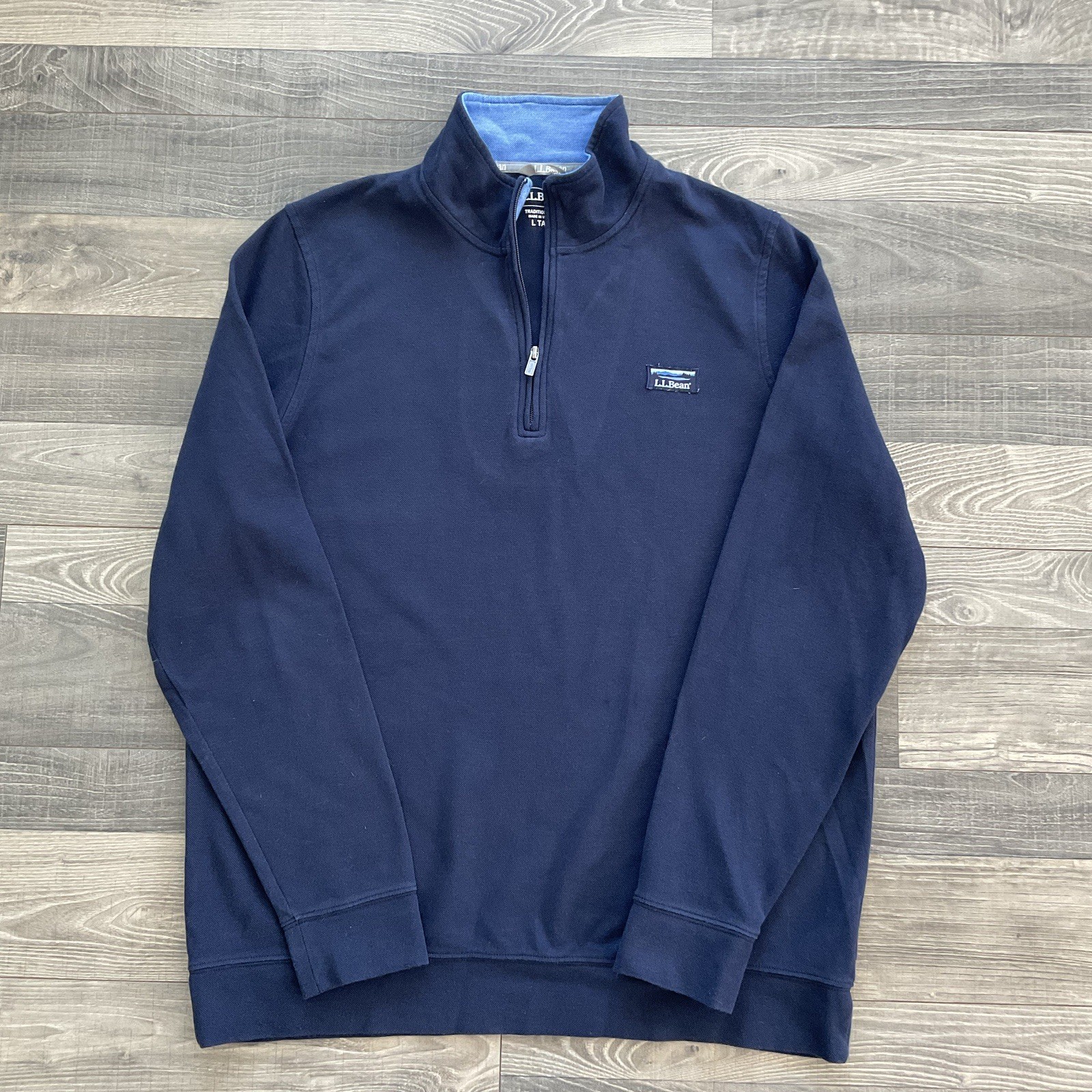 LL Bean Quarter Zip Pullover Men’s LARGE TALL Navy Blue Trad Fit Pique 514037 gallery