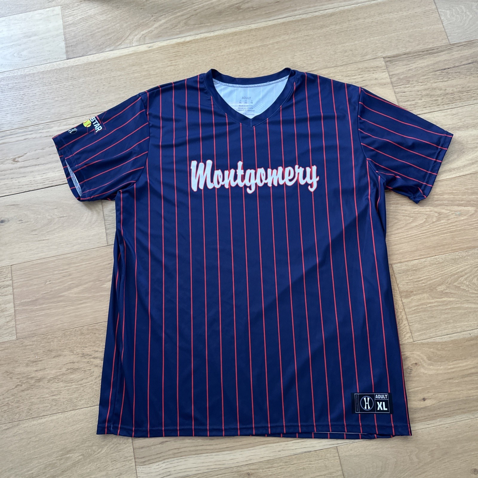 Montgomery Coach All-Star Softball Jersey Men XL Navy Red Pinstripe Short Sleeve gallery