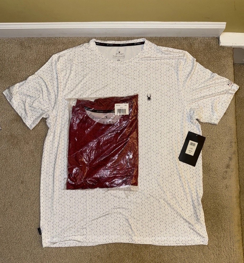 2 Spyder Rash Guard Shirts Mens Large 1 White 1 Red Swim UPF 30+ Quick Dry Sun