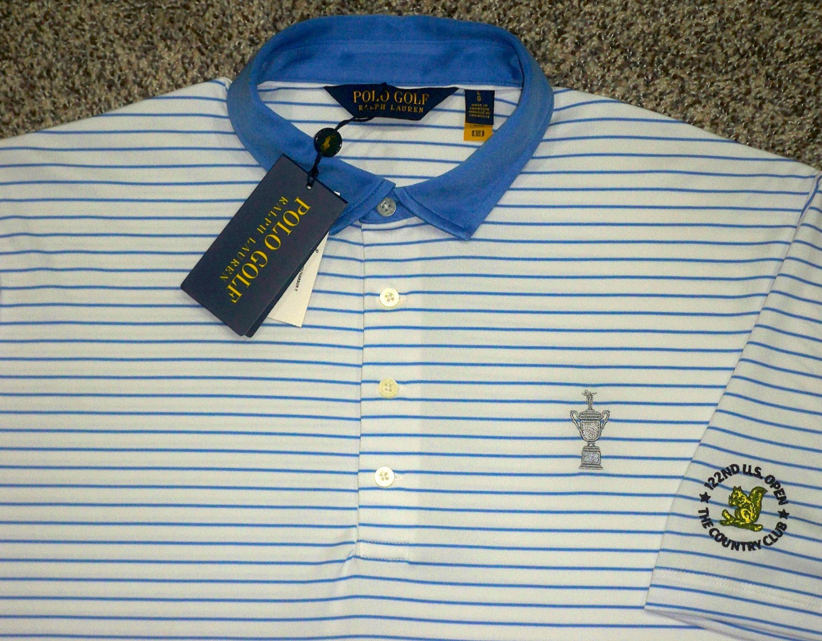NWT Men's POLO GOLF Ralph Lauren MARSHAL Polo L WHITE Striped w/122nd U.S. OPEN gallery