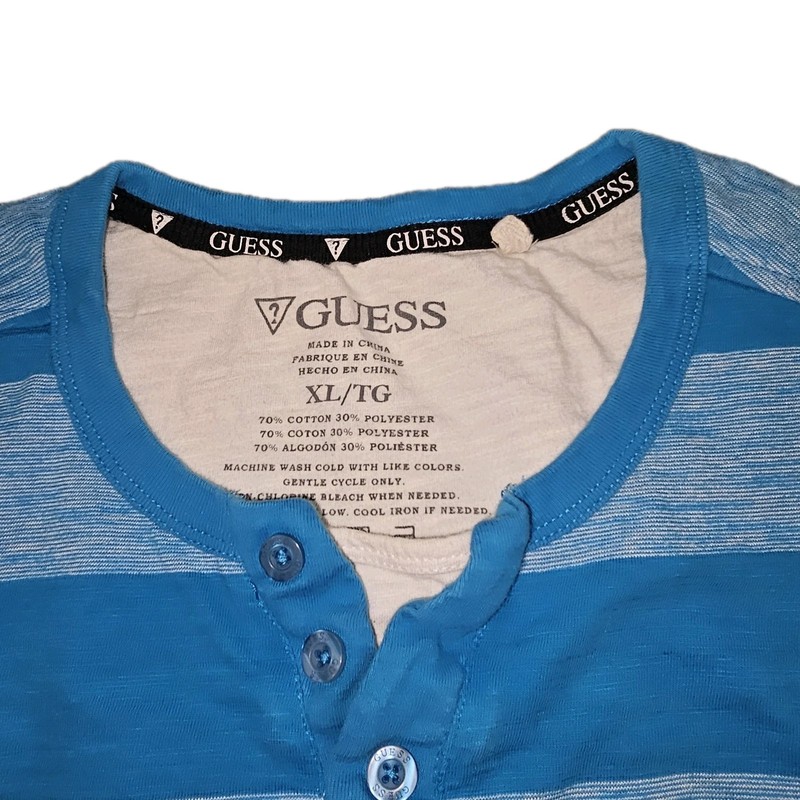 GUESS Shirt Mens Size XL Blue Striped Short Sleeve Henley Cotton Blend 90s Retro gallery