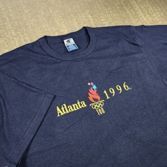 Vintage 90s Olympics Shirt Adult Large Atlanta 1996 Champion Cotton Tee Blue