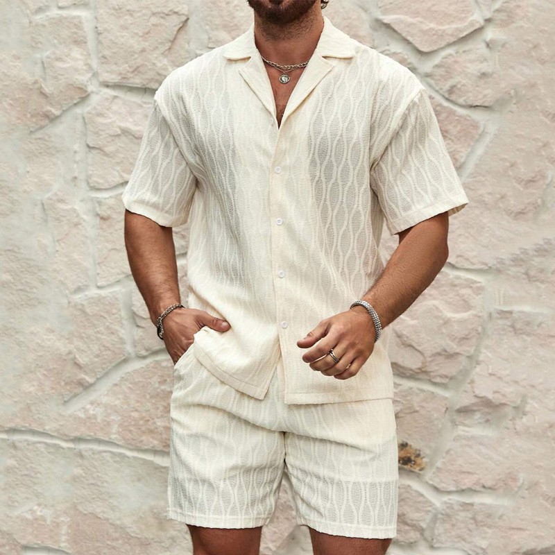Men Tracksuits Summer Fashion Solid Loose Casual Two Pieces Lapel Button Shirt S gallery