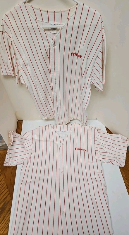 2 TGI Fridays Pinstripe Baseball Button Jersey Mens Large 100% Cotton USA gallery