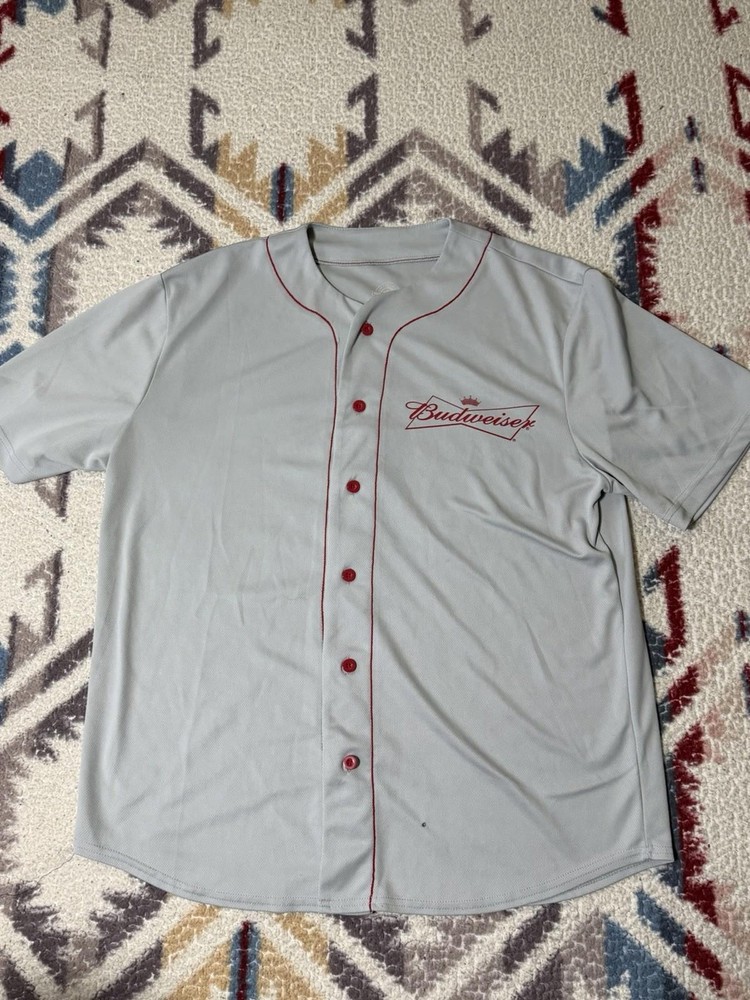 Budweiser Beer Baseball Jersey Gray Button Up #76 Short Sleeve Men Large L