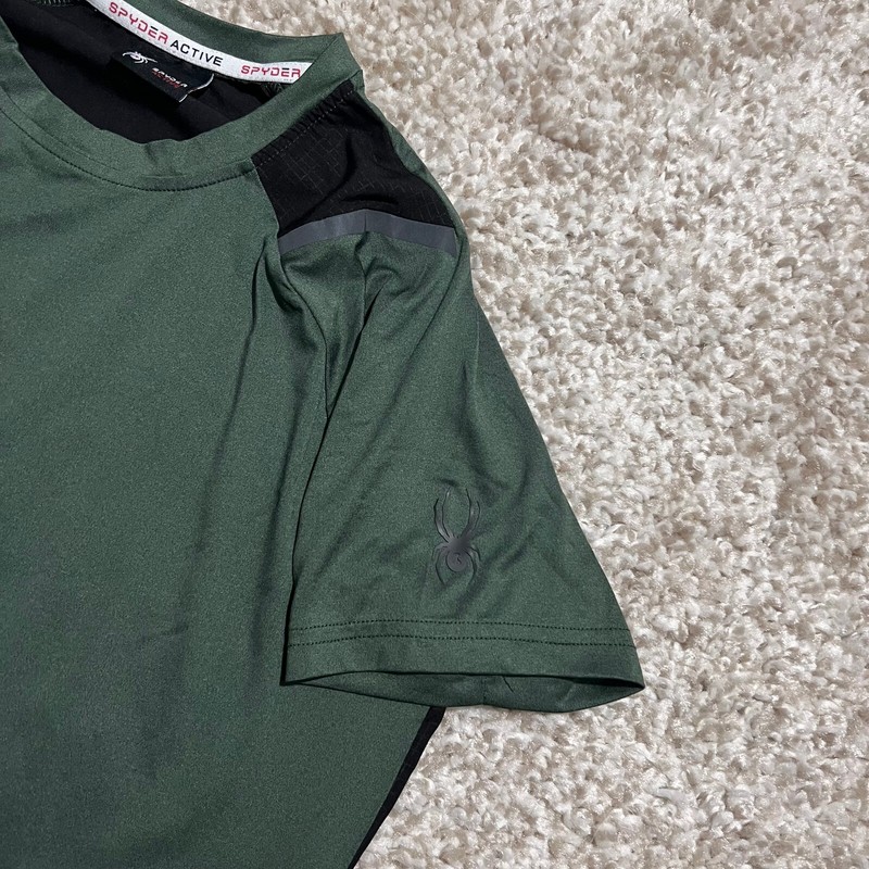 Spyder Active Shirt Men Medium Green Pro Short Sleeve Running Gym Workout Pocket gallery