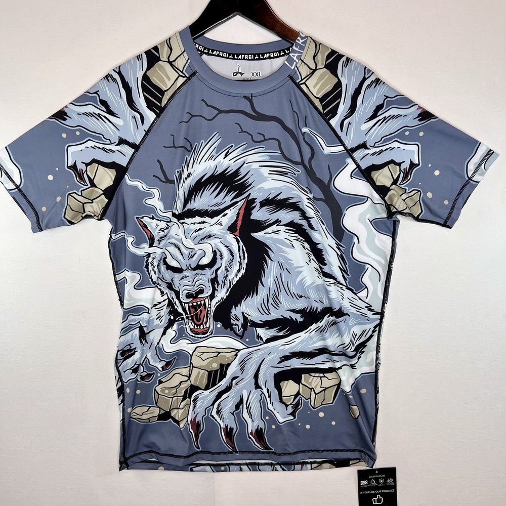 LAFROI Mens Burst Short Sleeve Wolf Graphic Base Layer Performance Shirt Sz XXL