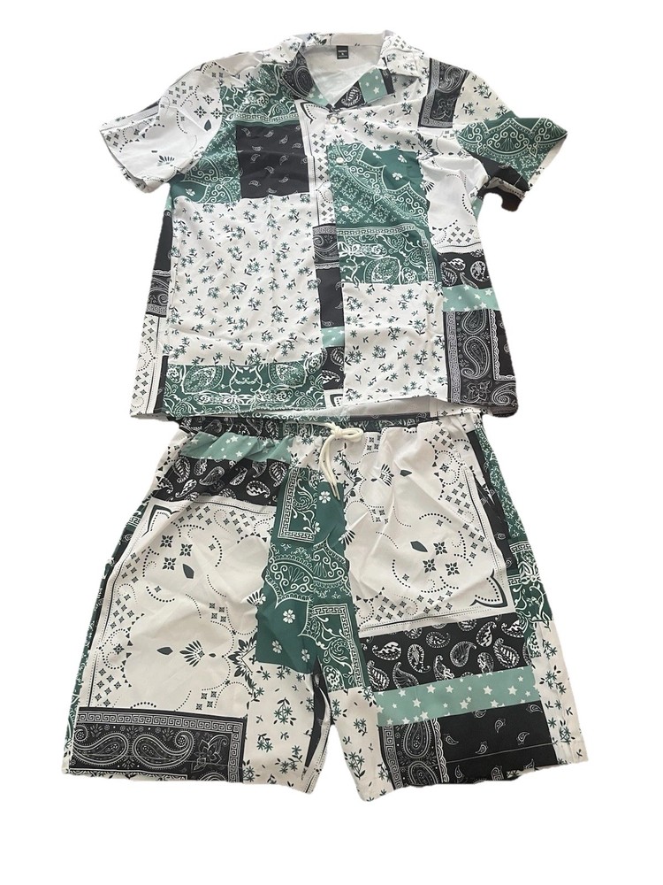 Summer Wear Top & Bottom, Men’s, Top-L Fit, Bottom XL Fit, Paisley White/black