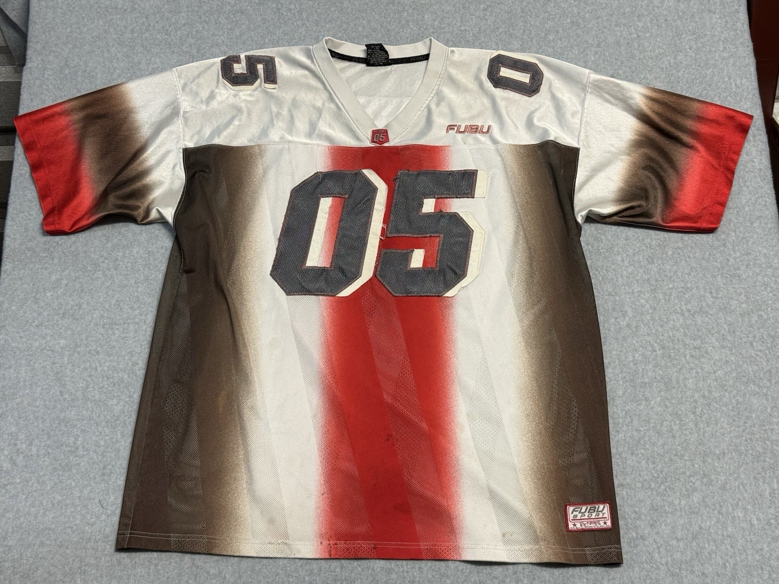 Vintage FUBU Jersey 05 White Red Gradient Mesh Football Shirt XXXL Hip Hop Y2K gallery