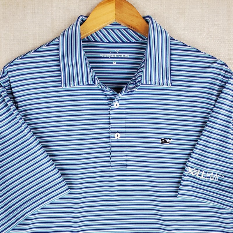 VINEYARD VINES Size Medium Performance Mens Polo Shirt Blue/Green/White Stripes gallery