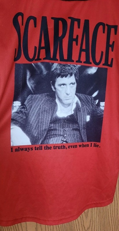 Scarface Mens Red And Black Tony Montana Baseball Jersey Size M gallery