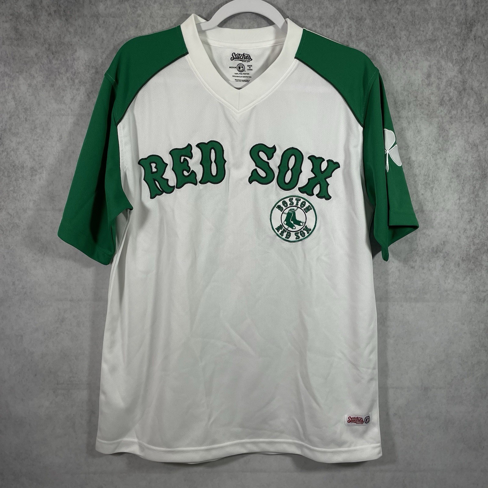 Stitches Athletic Gear Mens Red Sox Shirt Size M White Green Short Sleeves. gallery