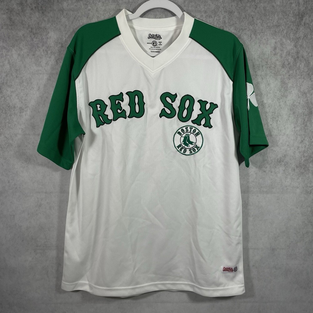 Stitches Athletic Gear Mens Red Sox Shirt Size M White Green Short Sleeves.